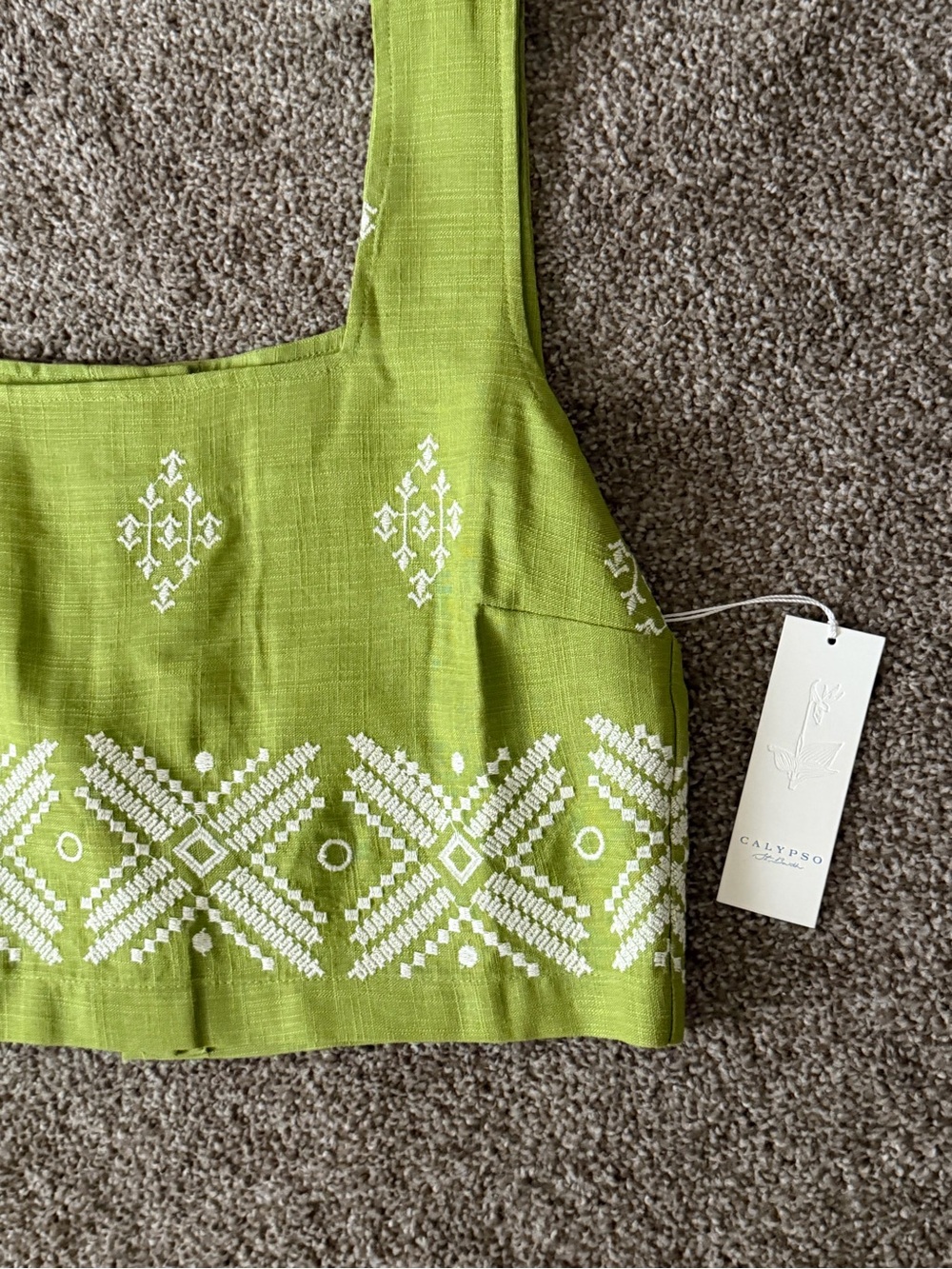 🌴 Calypso St. Barth Olive Green Embroidered Square-Neck Crop Top - Picture 6 of 13